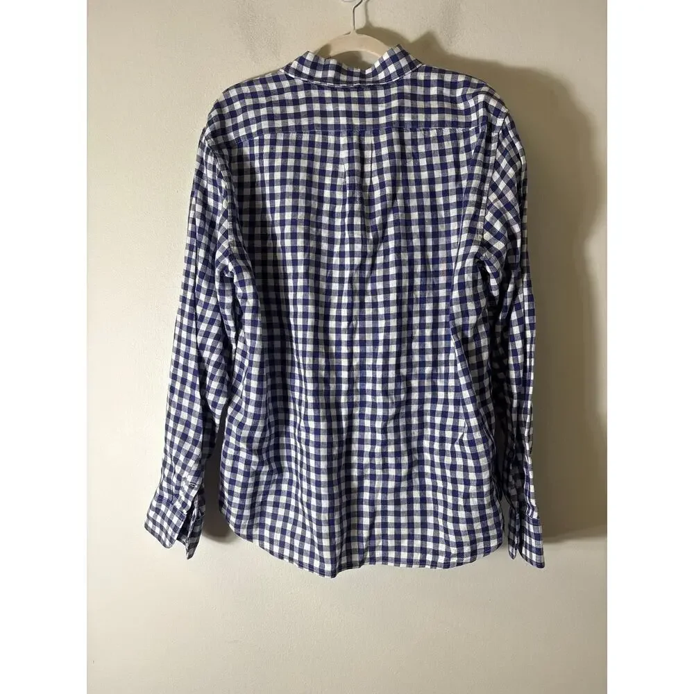 Men's J. Crew Blue Checked Slim Untucked Linen Button Up Shirt Sz L